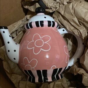 Ganz Ceramic Pink Teapot with black polkadots over white spout, handle, and lid.